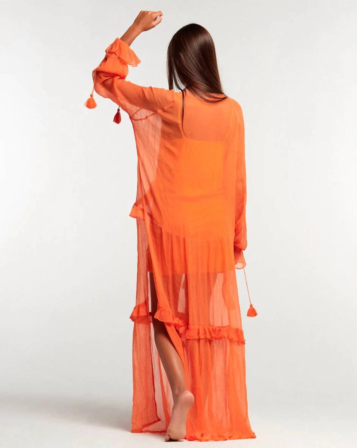 Style 1-479432782-3471 Par & Escala Size S Long Sleeve Sheer Orange Floor Length Maxi on Queenly