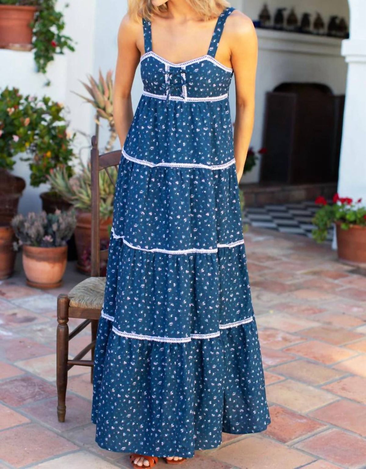 Style 1-3499347619-3236 EMERSON FRY Size S Lace Blue Floor Length Maxi on Queenly