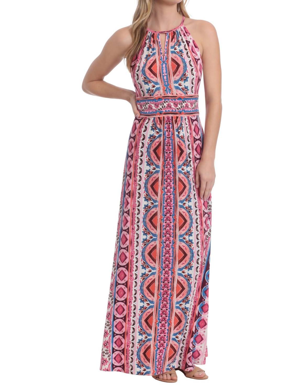 Style 1-873425285-98 LONDON TIMES Size 10 Halter Multicolor Floor Length Maxi on Queenly