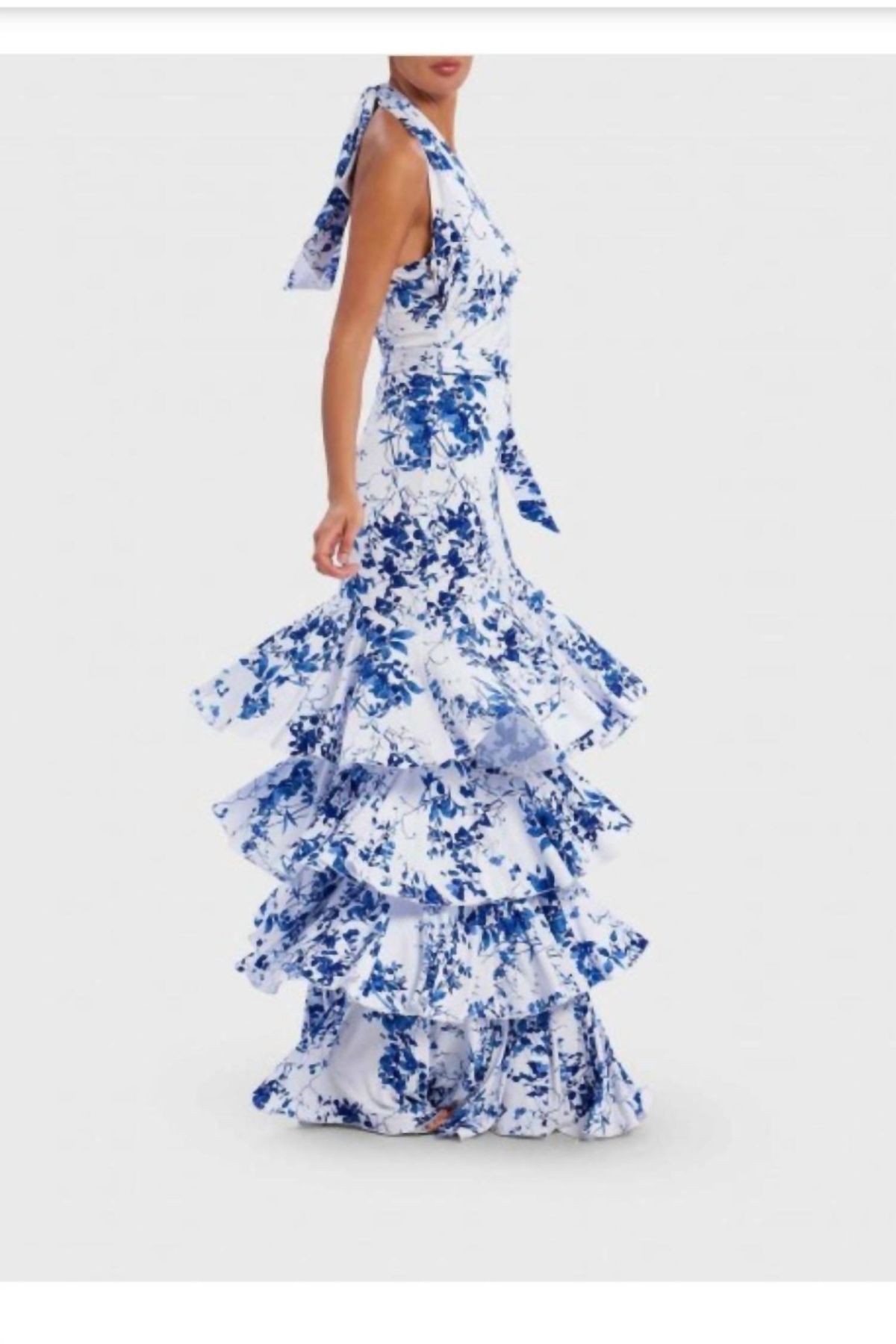 Style 1-1374163230-2168 FOREVER UNIQUE Size 8 Halter Floral Navy Blue Floor Length Maxi on Queenly