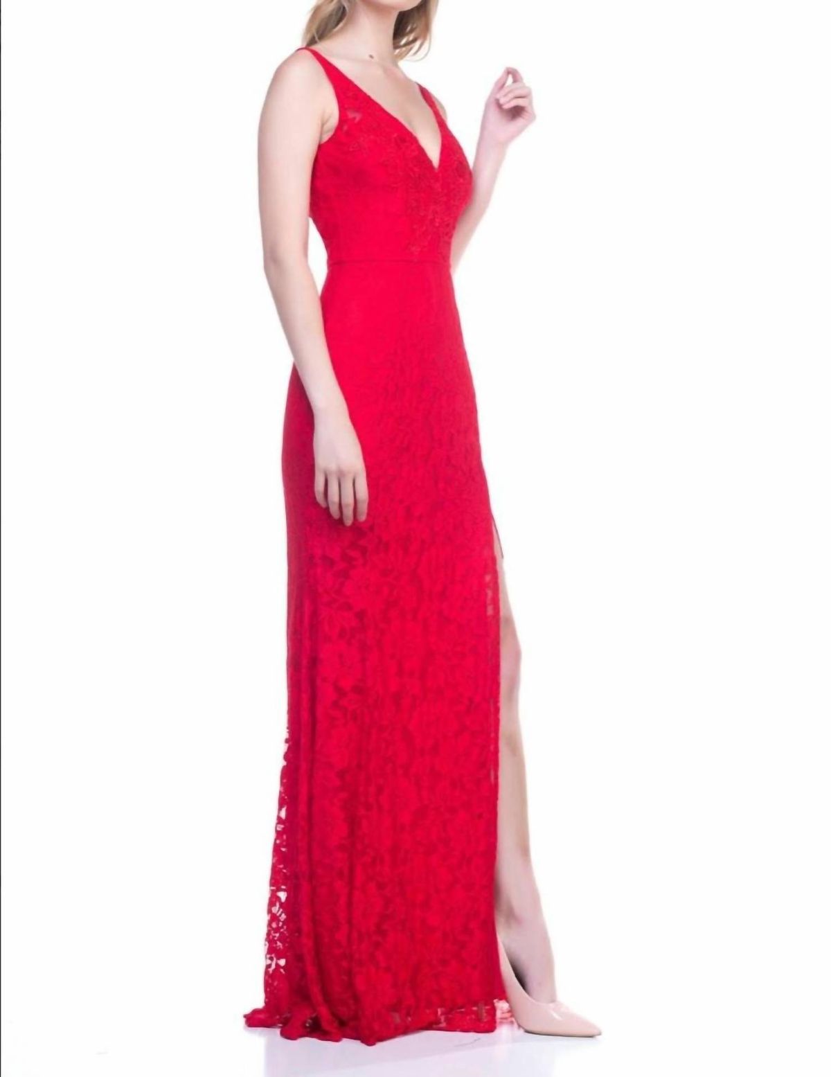 Style 1-2972278964-2696 Maniju Size L Plunge Lace Red Side Slit Dress on Queenly