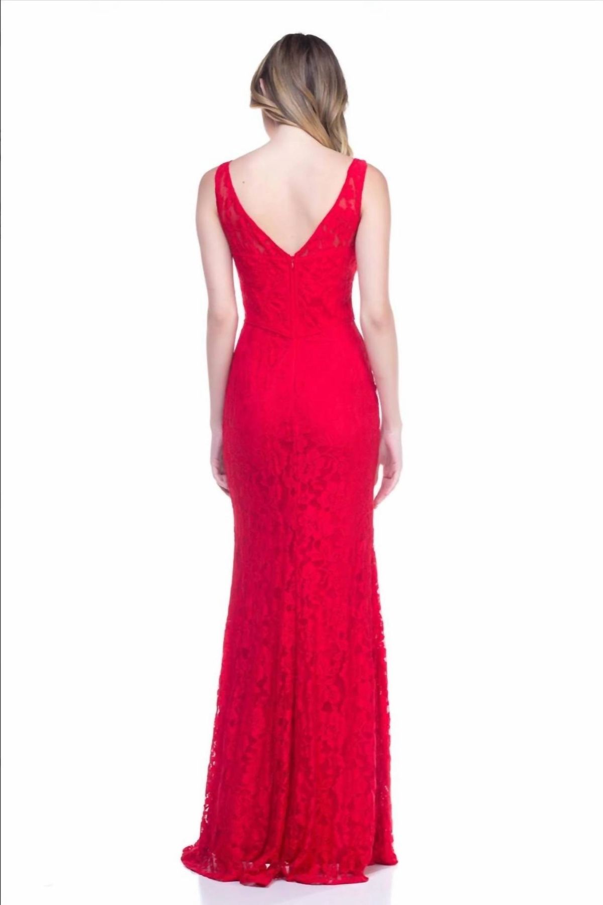 Style 1-2972278964-2696 Maniju Size L Plunge Lace Red Side Slit Dress on Queenly