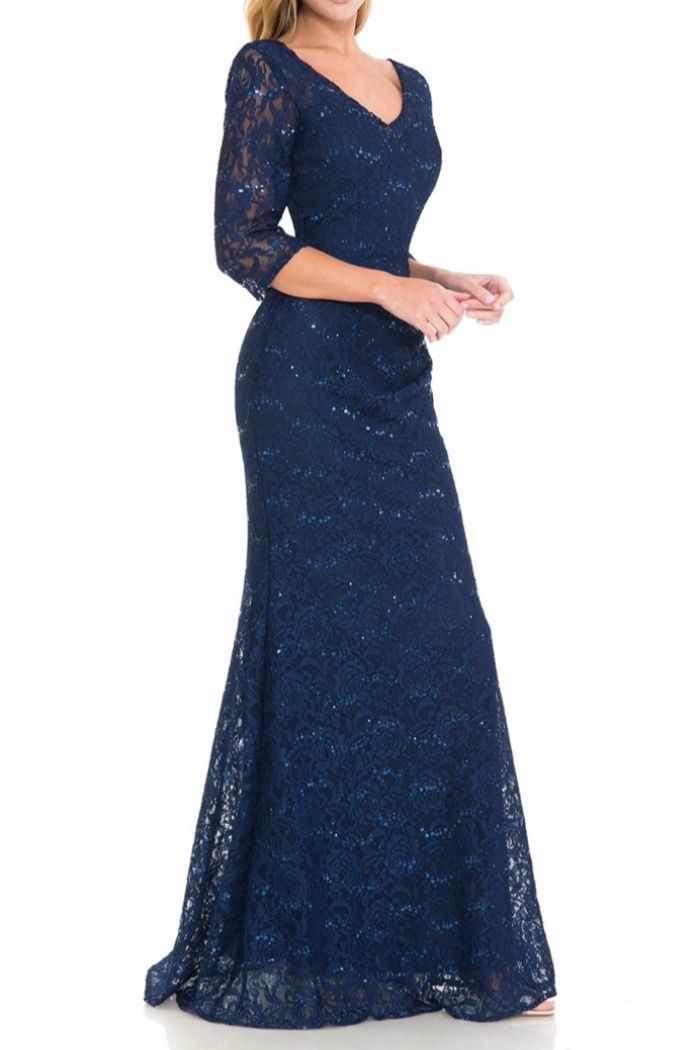 Size 10 Bridesmaid Lace Navy Blue Floor Length Maxi on Queenly