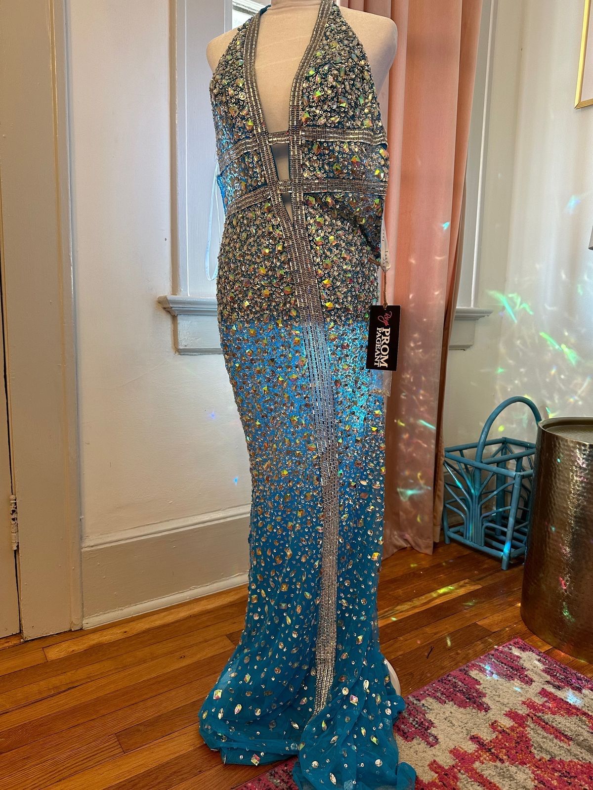 Style 6425 Jasz Couture Size 4 Pageant Plunge Turquoise Blue Floor Length Maxi on Queenly