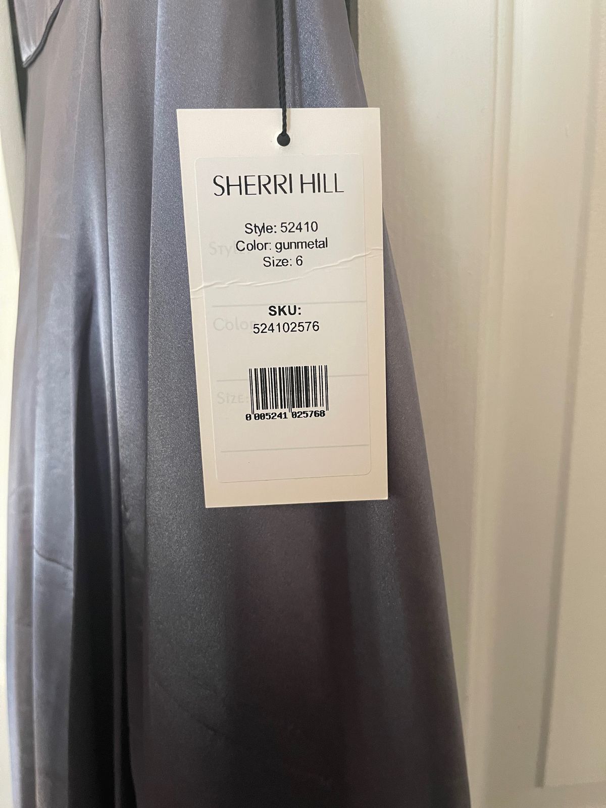 Style 52410 Sherri Hill Size 6 Prom Plunge Satin Silver Side Slit Dress on Queenly