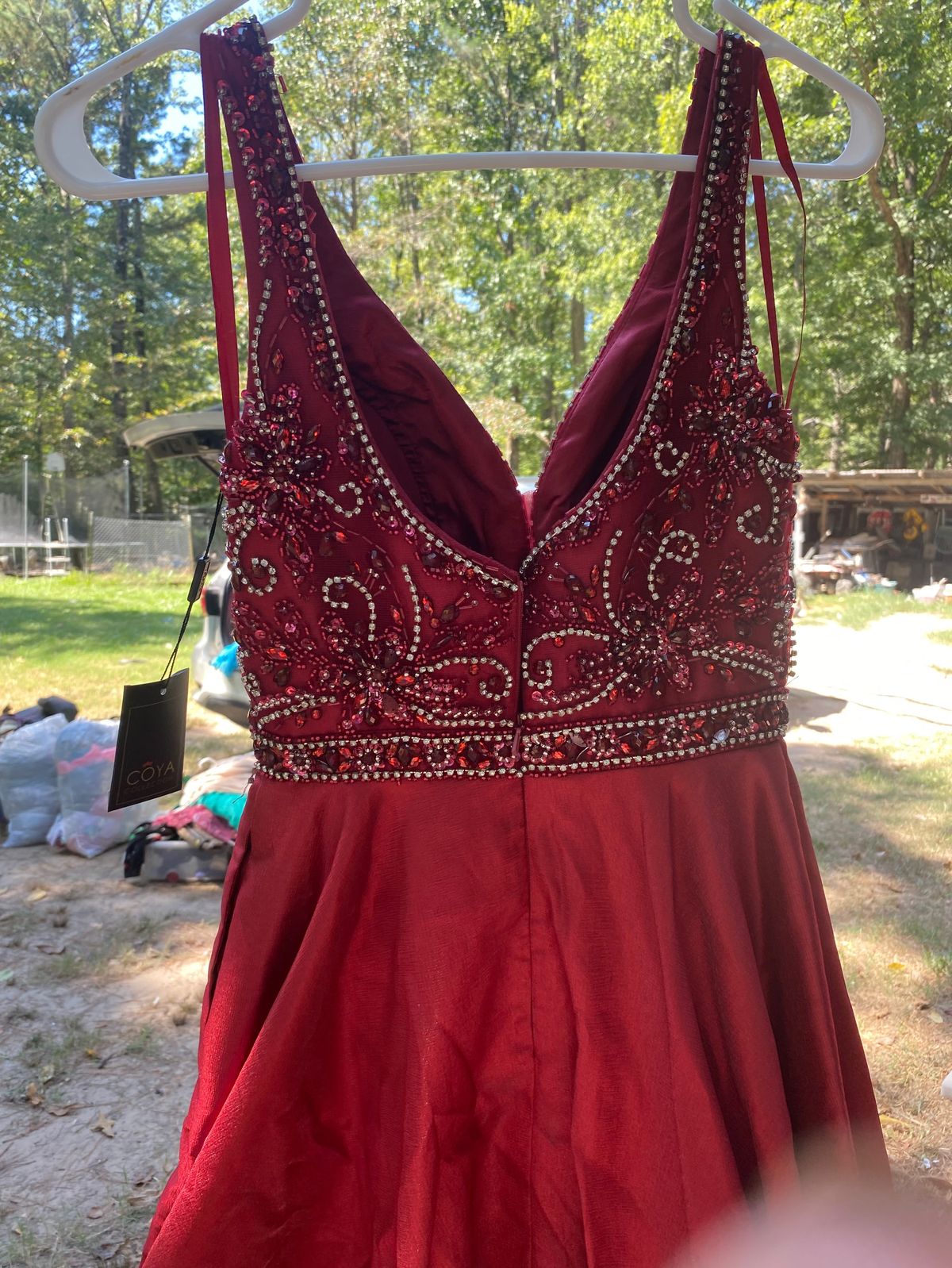 Coya Size XS Prom Plunge Sequined Burgundy Red Ball Gown on Queenly