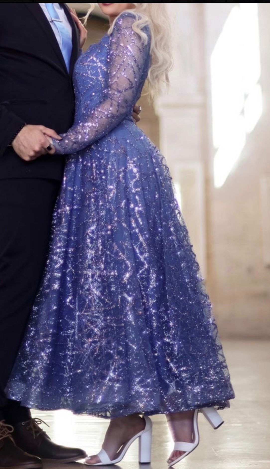 Size 4 Prom Long Sleeve Sheer Royal Blue Ball Gown on Queenly