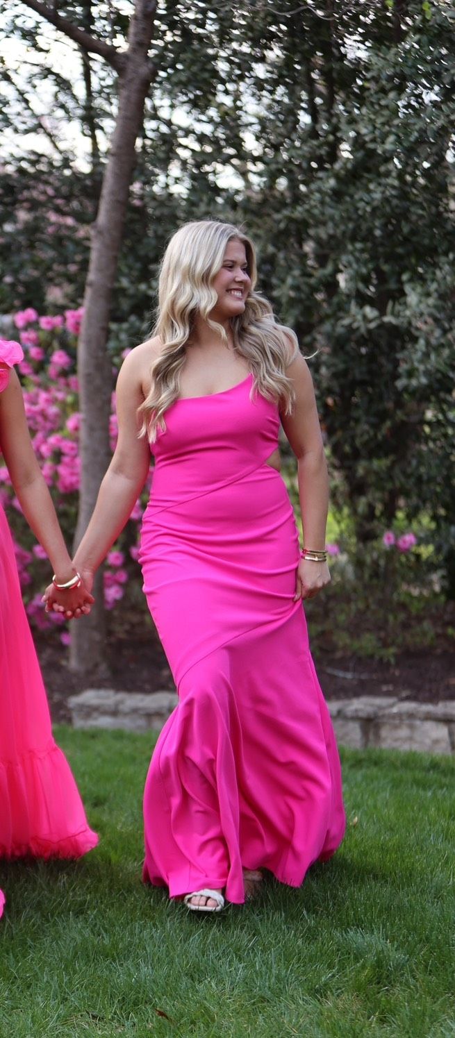 Betsy and Adam Size 12 Prom One Shoulder Hot Pink A-line Dress on Queenly