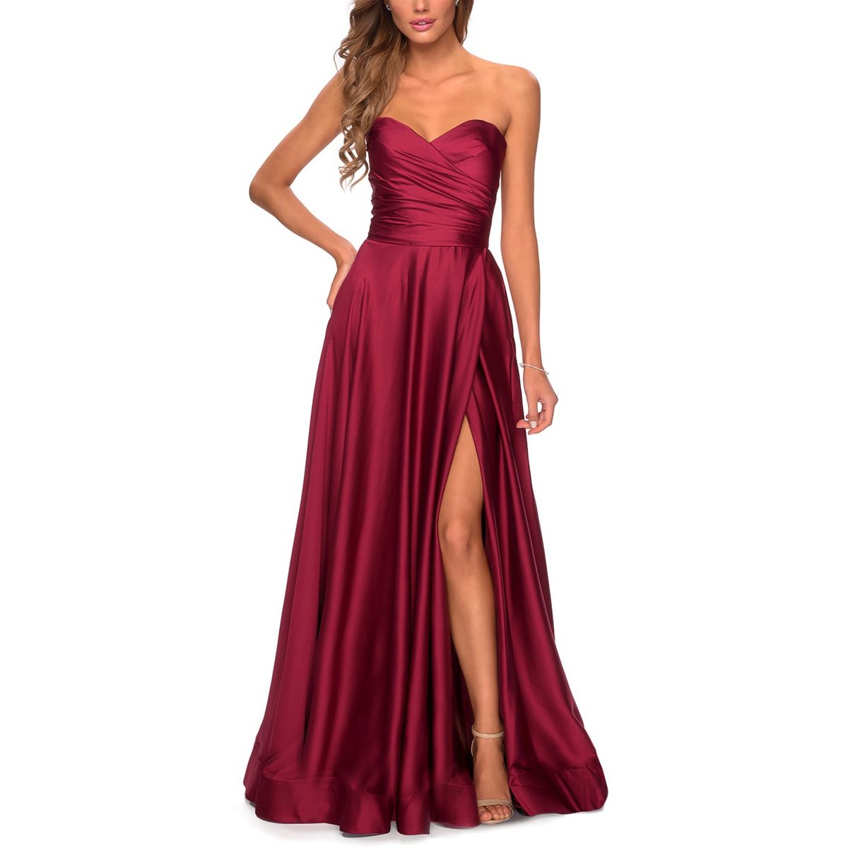 Style 28608 La Femme Size 8 Strapless Burgundy Red Side Slit Dress on Queenly