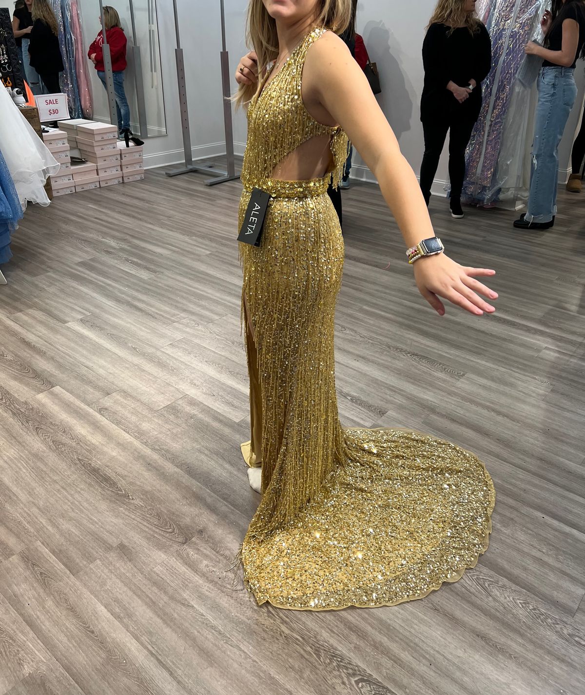 Style 662 Aleta Size 4 Prom Plunge Gold Side Slit Dress on Queenly