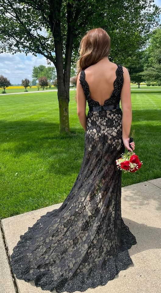Jasz Couture Size 0 Prom Plunge Sheer Black Side Slit Dress on Queenly