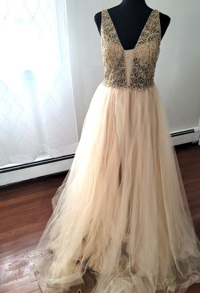 Size 10 Prom Plunge Sequined Nude Ball Gown on Queenly