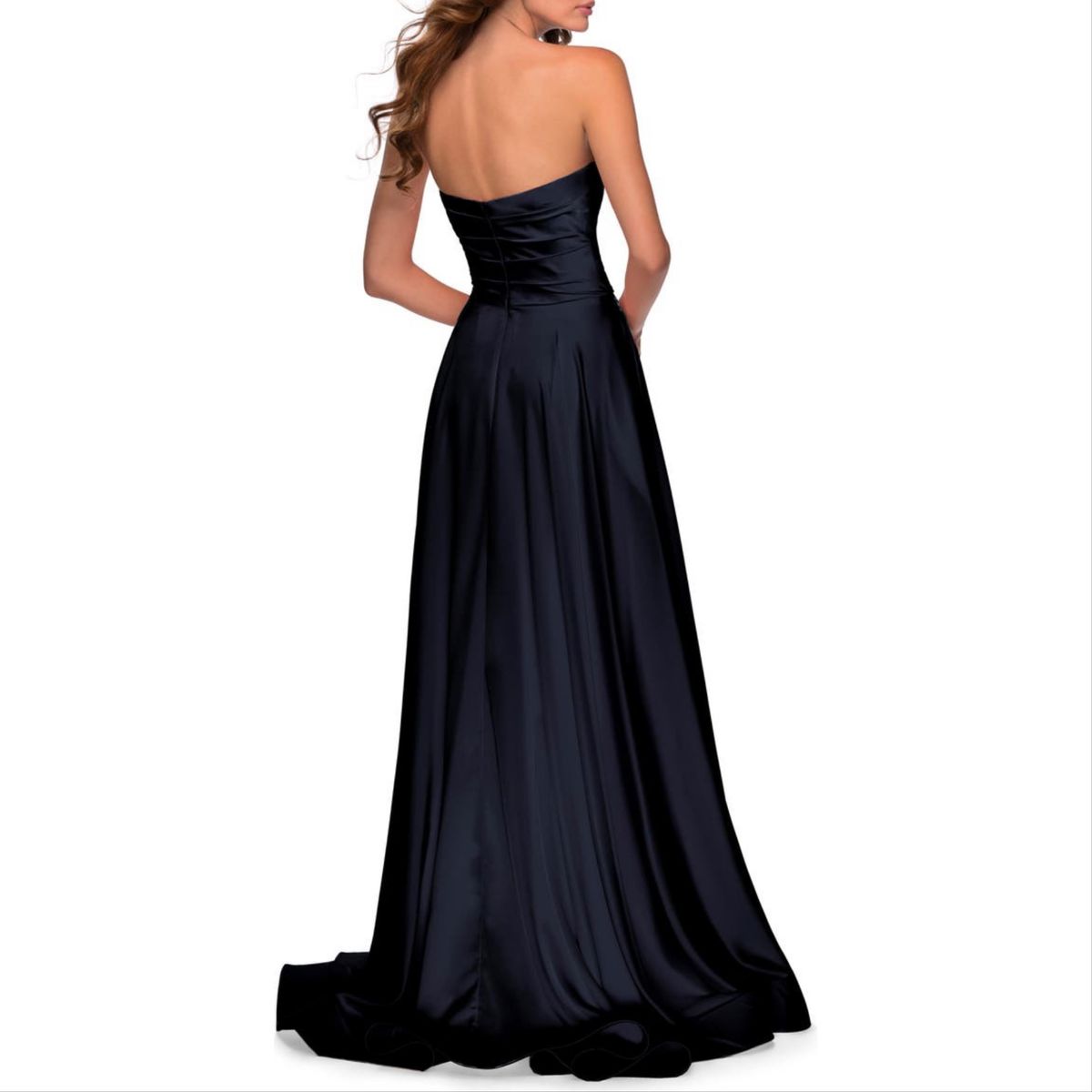 Style 28608 La Femme Size 8 Strapless Navy Blue Side Slit Dress on Queenly