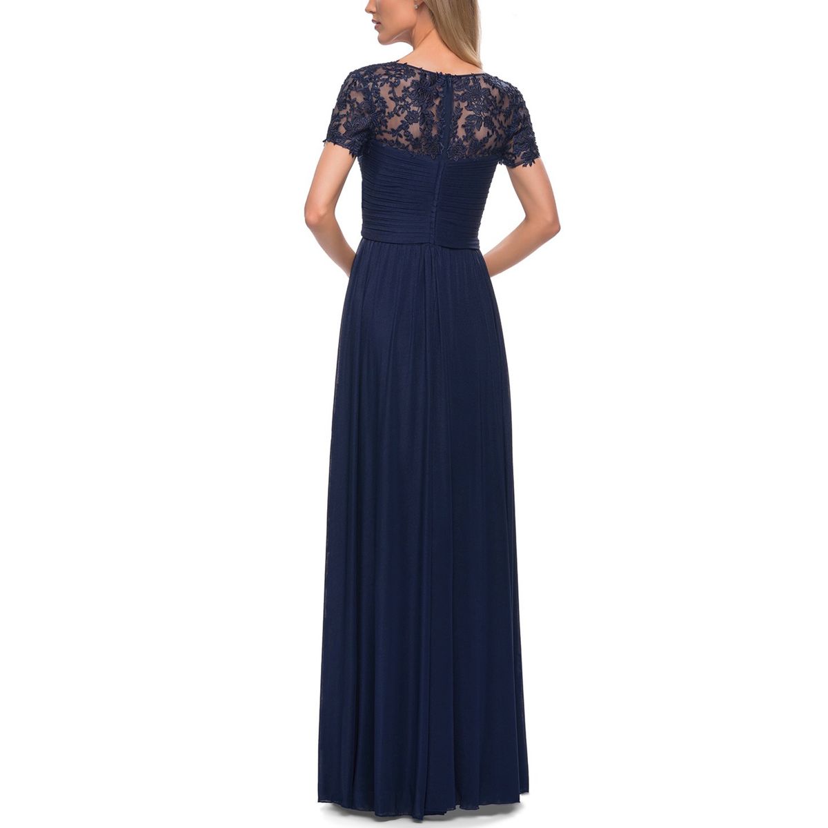 Style 29772 La Femme Size 10 Cap Sleeve Floral Navy Blue Floor Length Maxi on Queenly