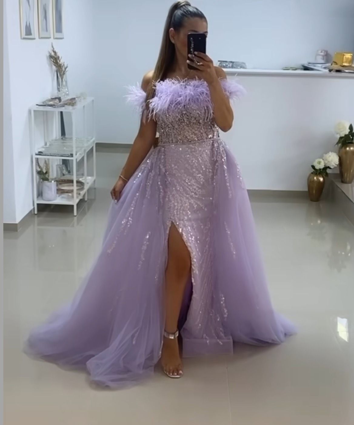 Size 6 Off The Shoulder Purple Side Slit Dress on Queenly