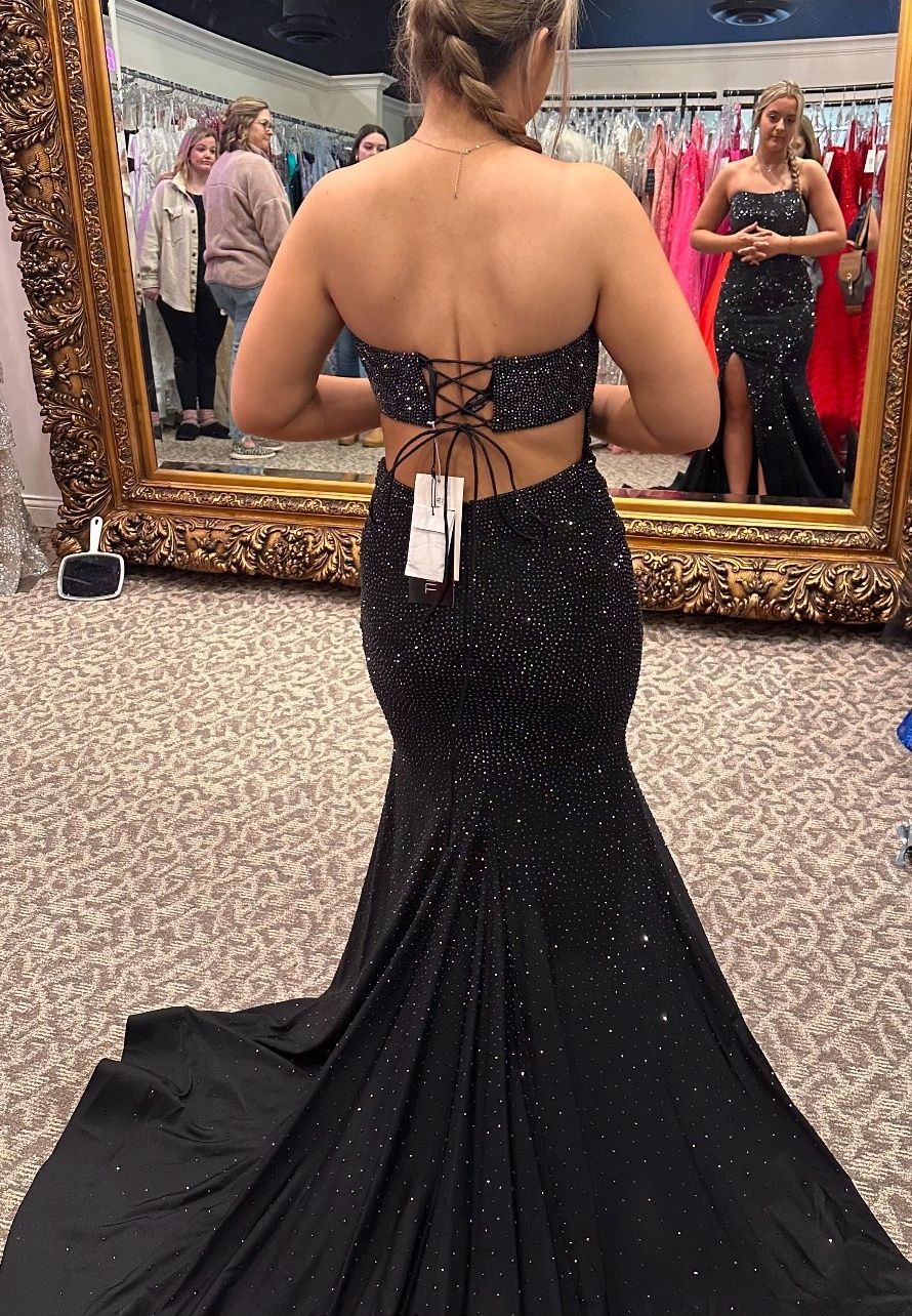 Style 54002 Sherri Hill Size 8 Prom Strapless Black Side Slit Dress on Queenly