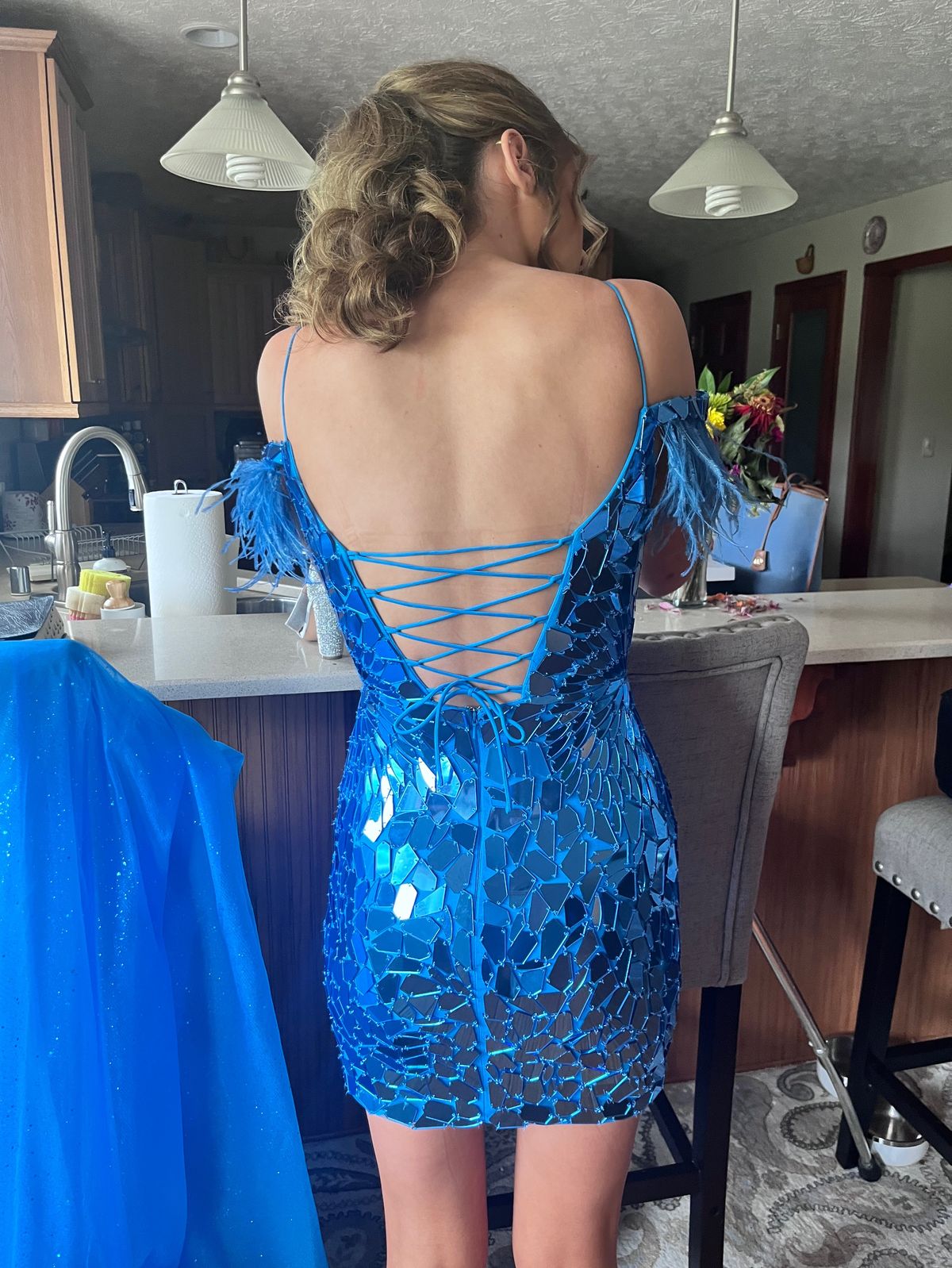 Amarra Size 0 Prom Off The Shoulder Sequined Blue Cocktail Dress on Queenly