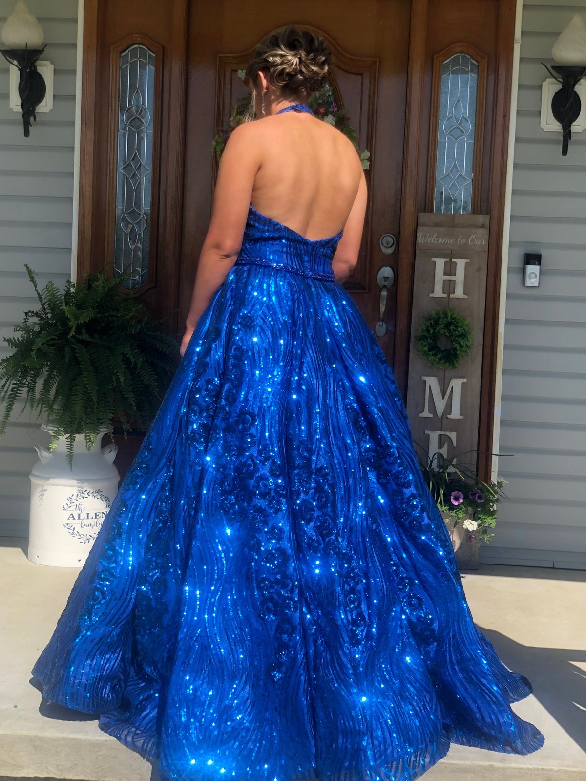 Size 12 Prom Halter Royal Blue Ball Gown on Queenly