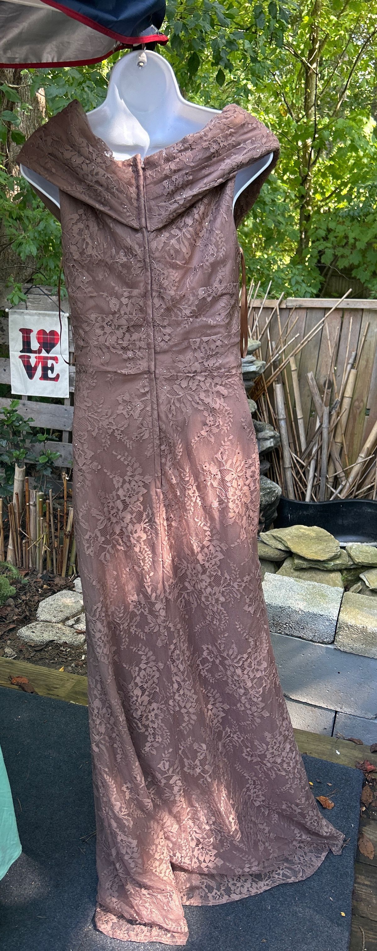 La Femme Size 8 Bridesmaid Off The Shoulder Lace Brown Floor Length Maxi on Queenly