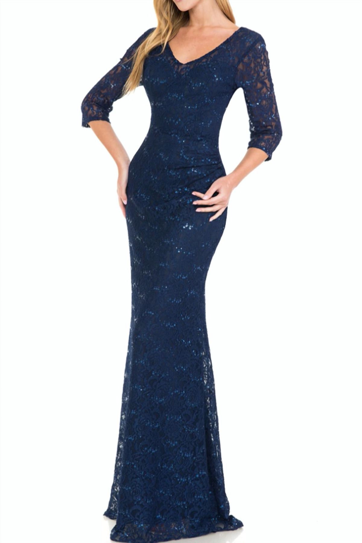 Style 1-797891274-2696 Lenovia USA Size L Bridesmaid Lace Navy Blue Floor Length Maxi on Queenly