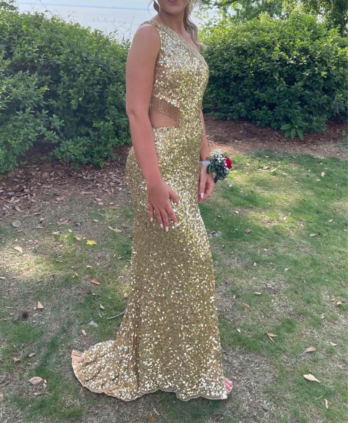 Style 3945 Primavera Size 2 Prom One Shoulder Gold Side Slit Dress on Queenly