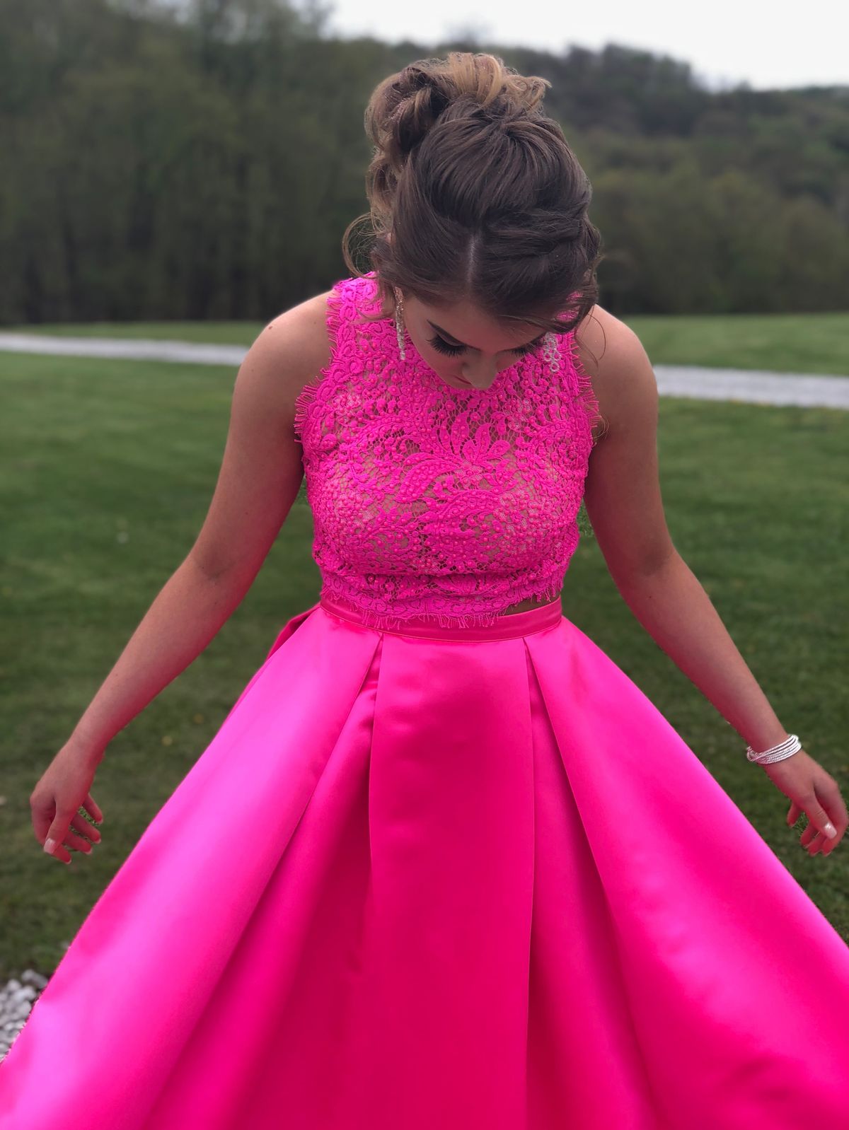 Jovani Size 2 Prom High Neck Lace Hot Pink Ball Gown on Queenly