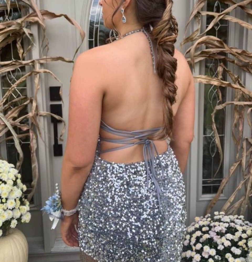 Style 2783 Colors Size 8 Prom Halter Silver Cocktail Dress on Queenly