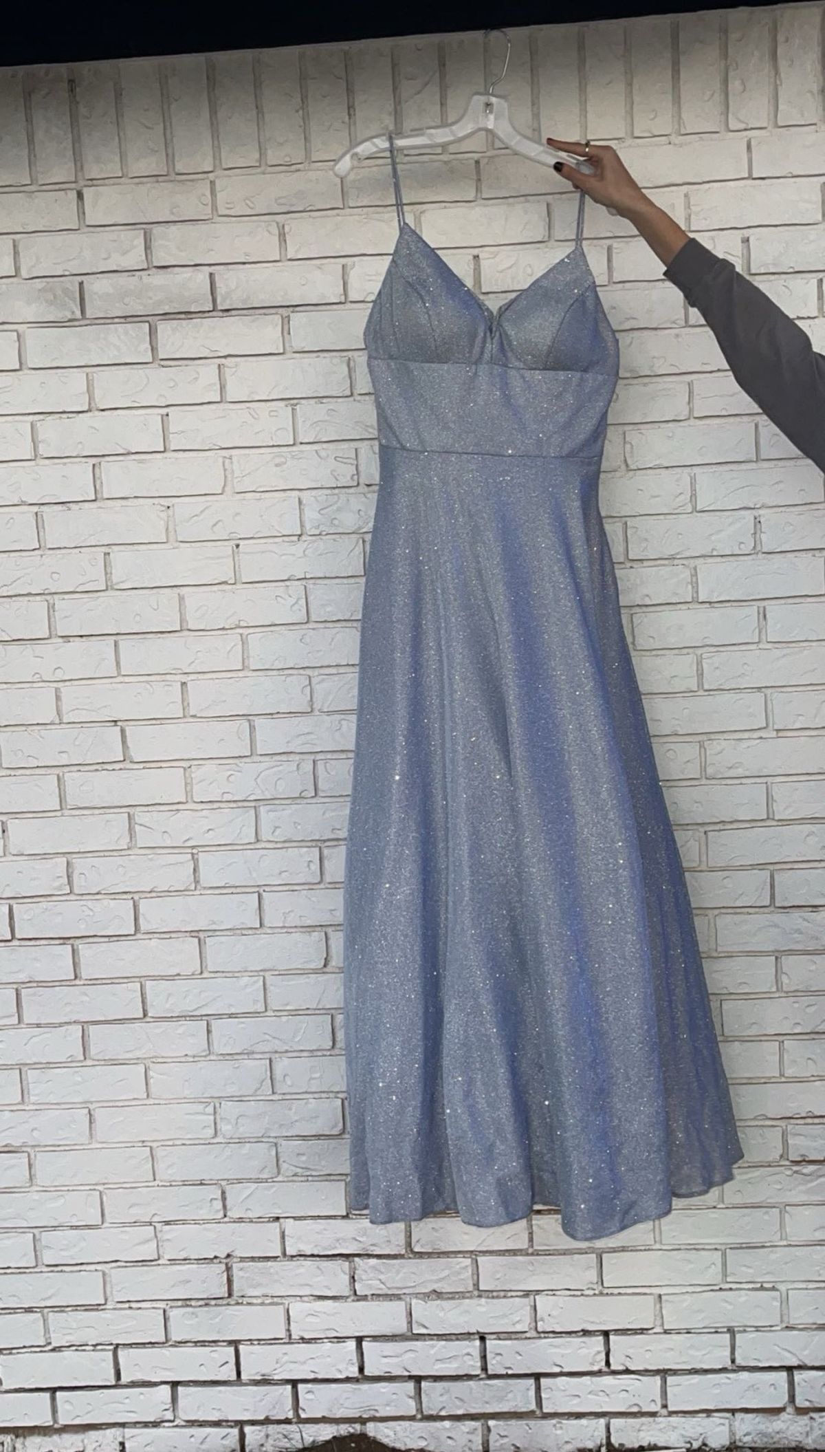 Size 12 Prom Plunge Silver Ball Gown on Queenly