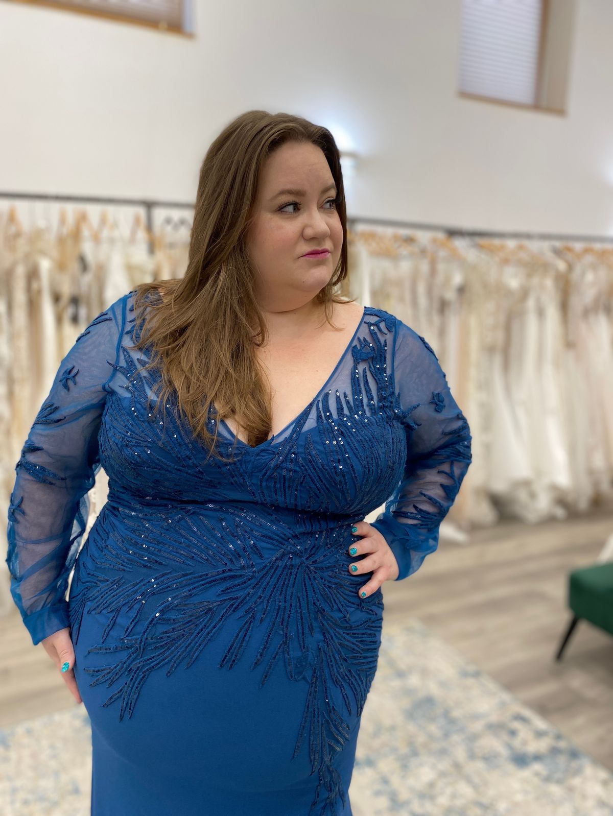 Style 960 Alexander by Daymour Plus Size 20 Prom Long Sleeve Sheer Blue Mermaid Dress on Queenly