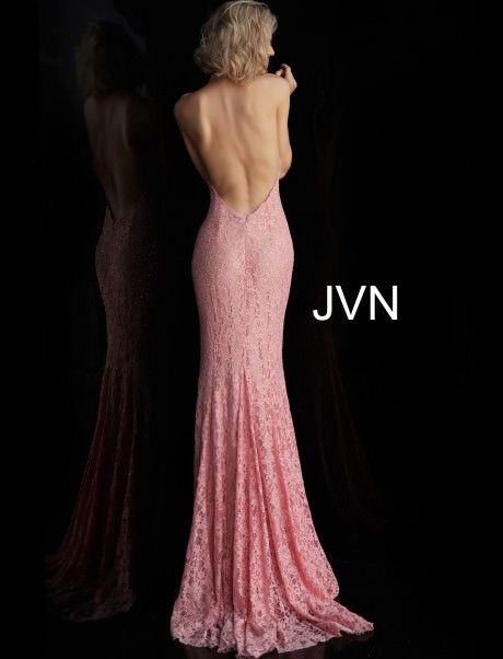 Style 63391 Jovani Size 6 Plunge Lace Pink Side Slit Dress on Queenly