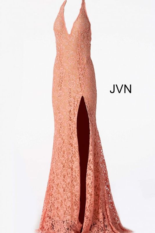 Style 63391 Jovani Size 6 Plunge Lace Pink Side Slit Dress on Queenly