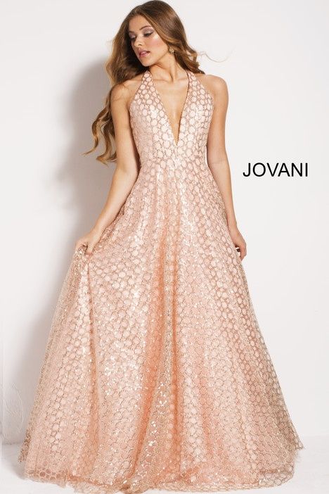 Style 51812 Jovani Size 0 Halter Rose Gold A-line Dress on Queenly