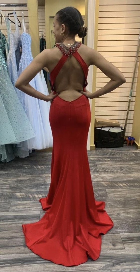 Style JVN53349A Jovani Size 6 Prom Halter Sequined Red Mermaid Dress on Queenly