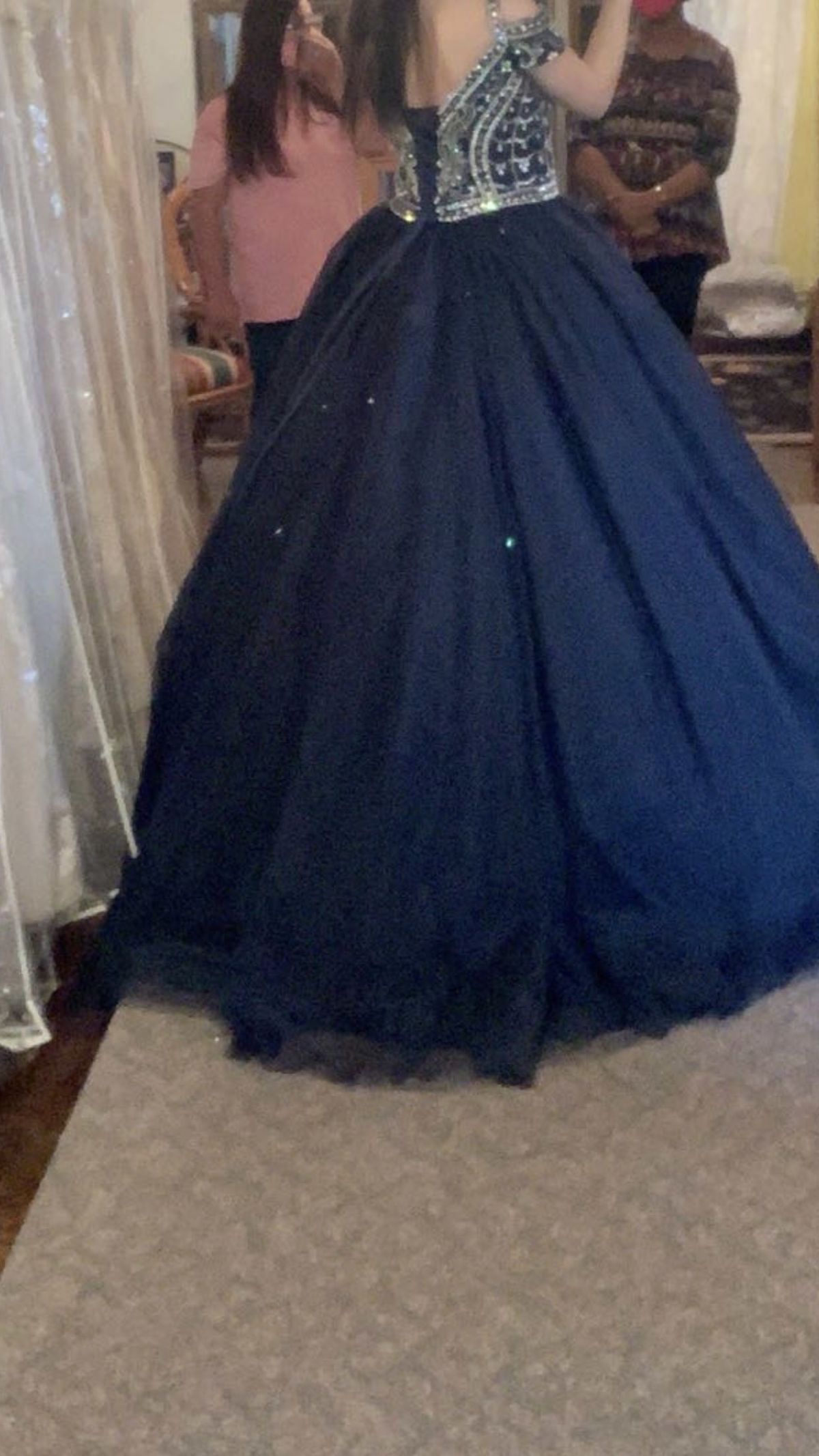 Size 0 Pageant Plunge Navy Blue Ball Gown on Queenly