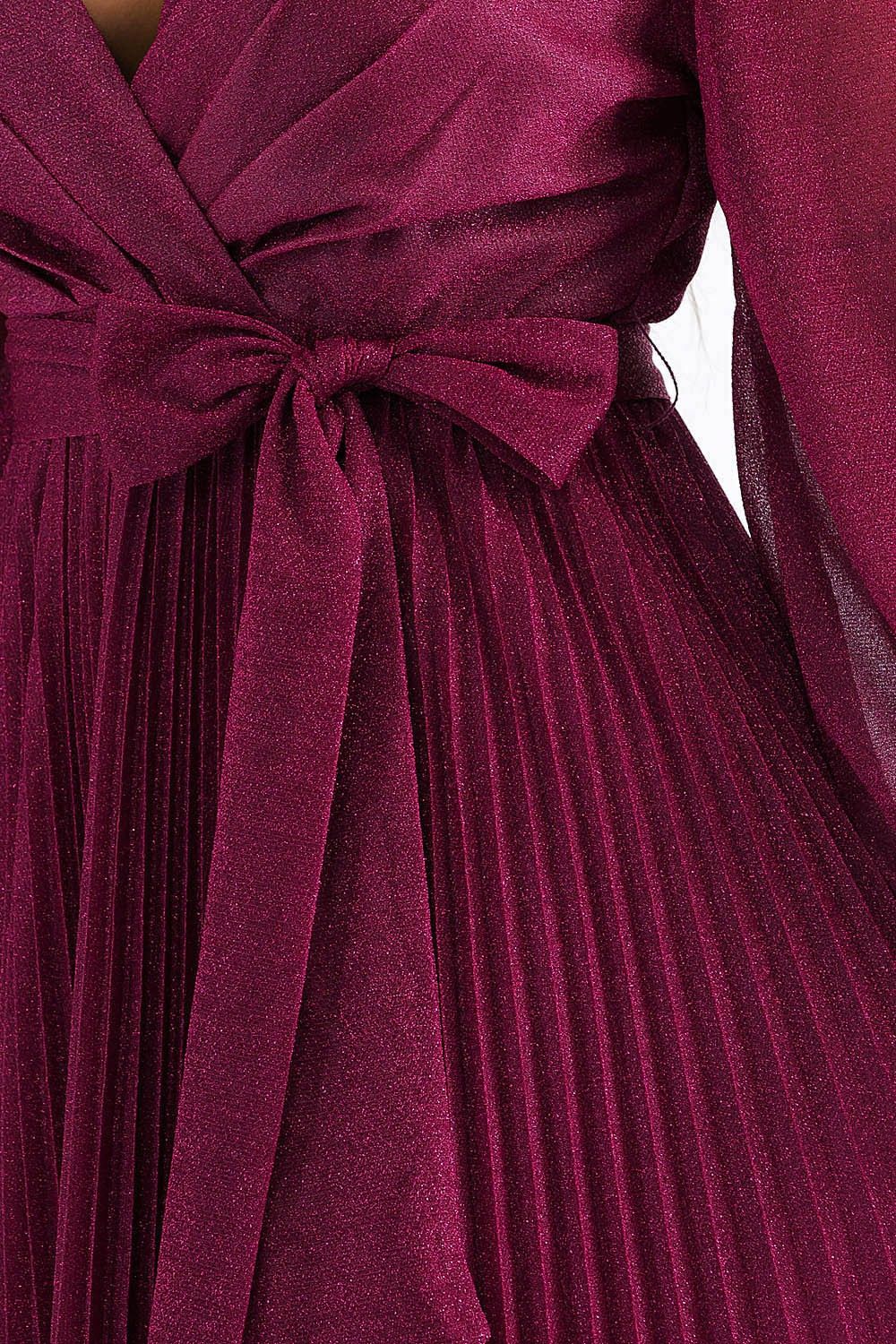 Style Magenta Metallic Long Sleeve Pleated Tie Waist A-line Formal Dress Size 12 Wedding Guest Long Sleeve Pink Ball Gown on Queenly