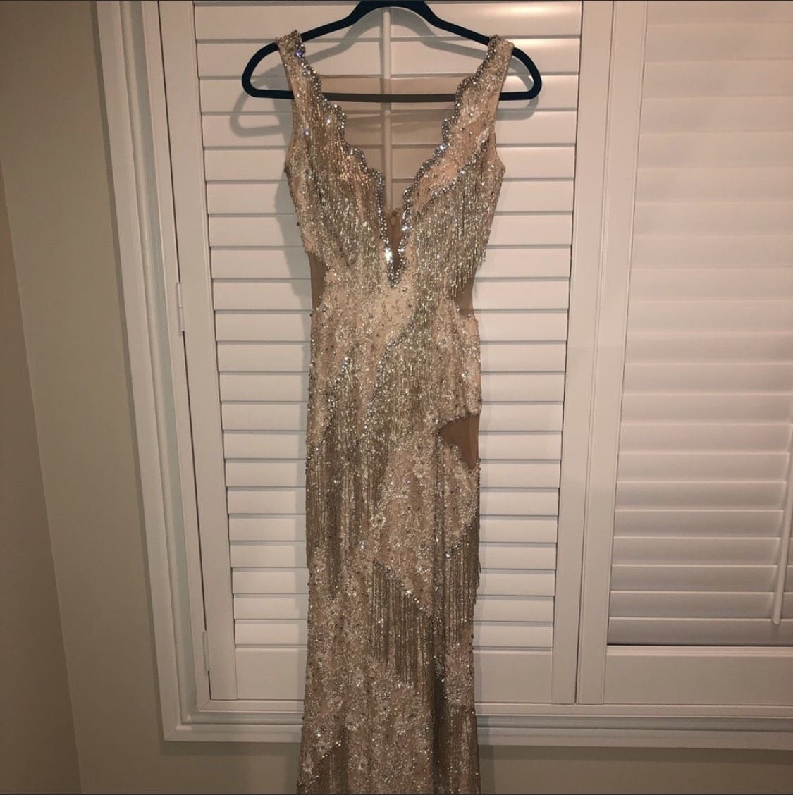 Jovani Size 4 Prom Plunge Sequined Nude Floor Length Maxi on Queenly