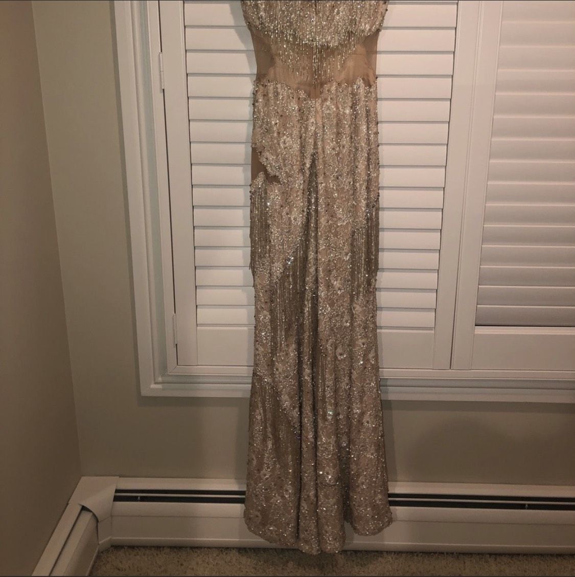 Jovani Size 4 Prom Plunge Sequined Nude Floor Length Maxi on Queenly