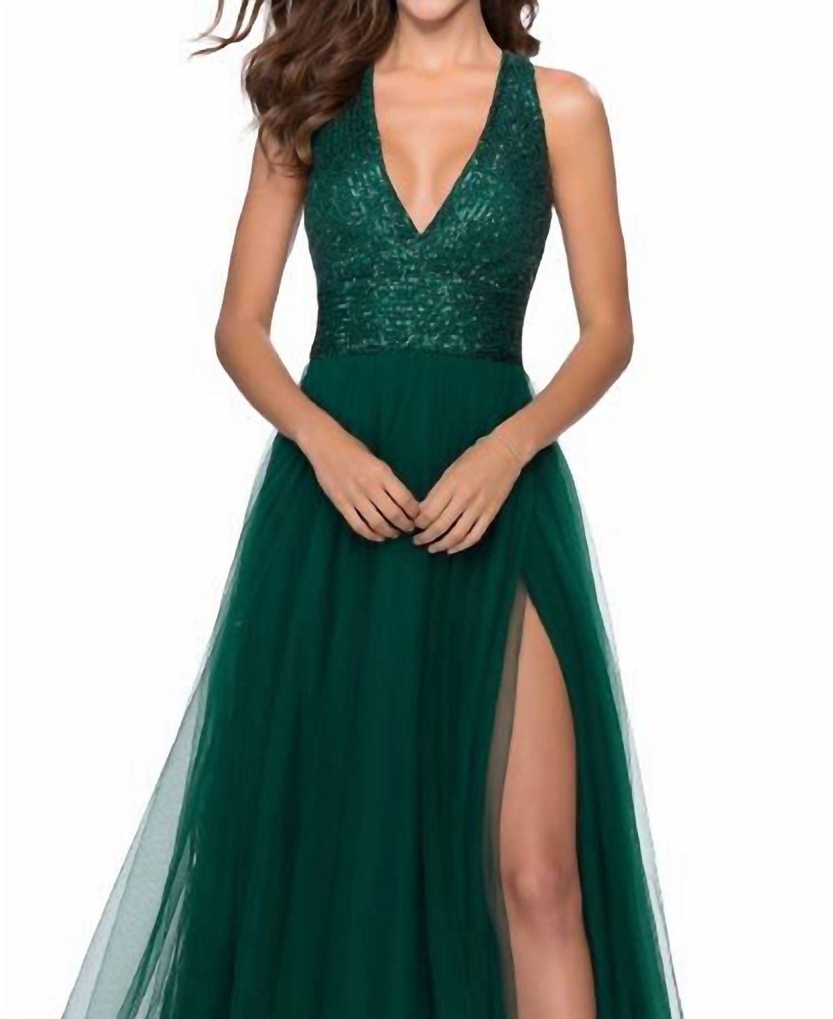 Style 1-1023833547-2168 La Femme Size 8 Emerald Green Side Slit Dress on Queenly