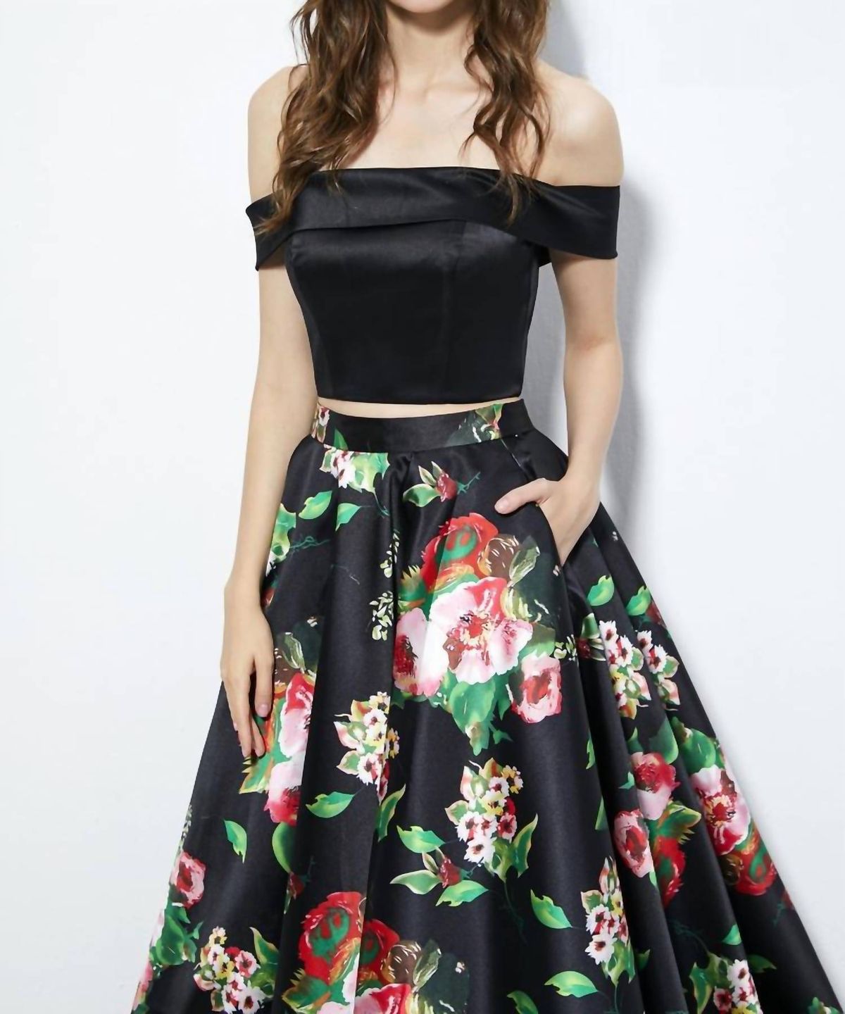 Style 1-1980694967-98 Angela and Alison Size 10 Off The Shoulder Floral Black A-line Dress on Queenly