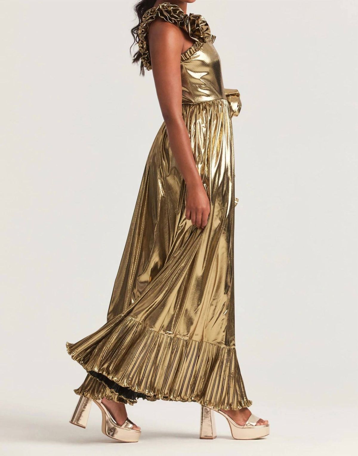 Style 1-484536513-1901 LoveShackFancy Size 6 Pageant One Shoulder Gold Side Slit Dress on Queenly