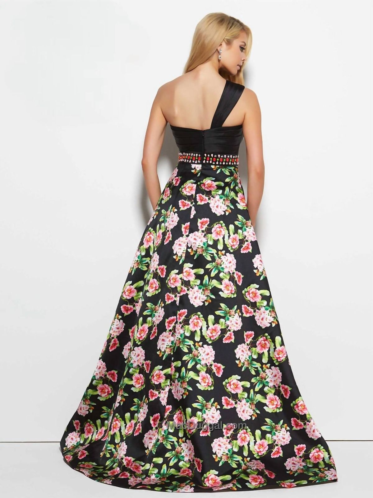 Style 1-93216131-1498 MAC DUGGAL Size 4 One Shoulder Floral Black A-line Dress on Queenly