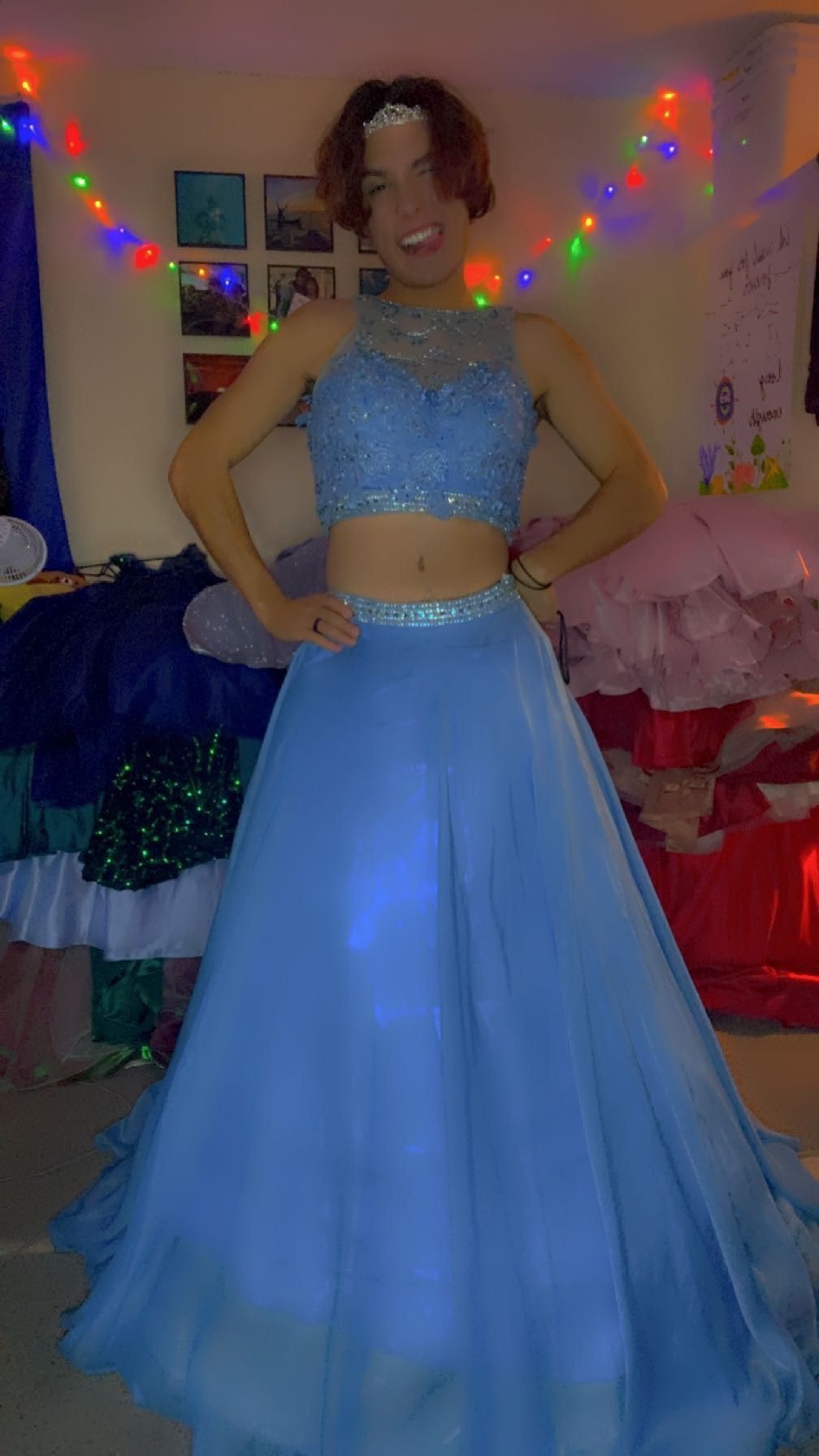 Studio 17 Size 8 Prom High Neck Lace Light Blue Ball Gown on Queenly