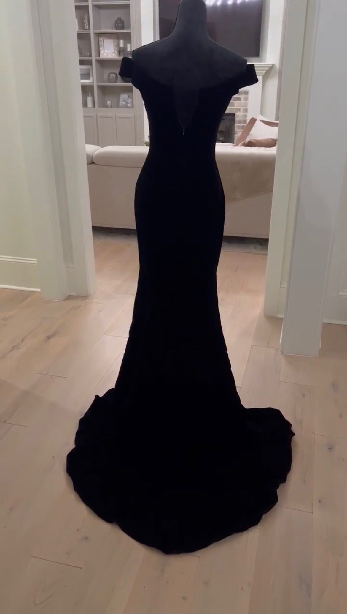 Style 44637 Sherri Hill Size S Off The Shoulder Velvet Black Side Slit Dress on Queenly