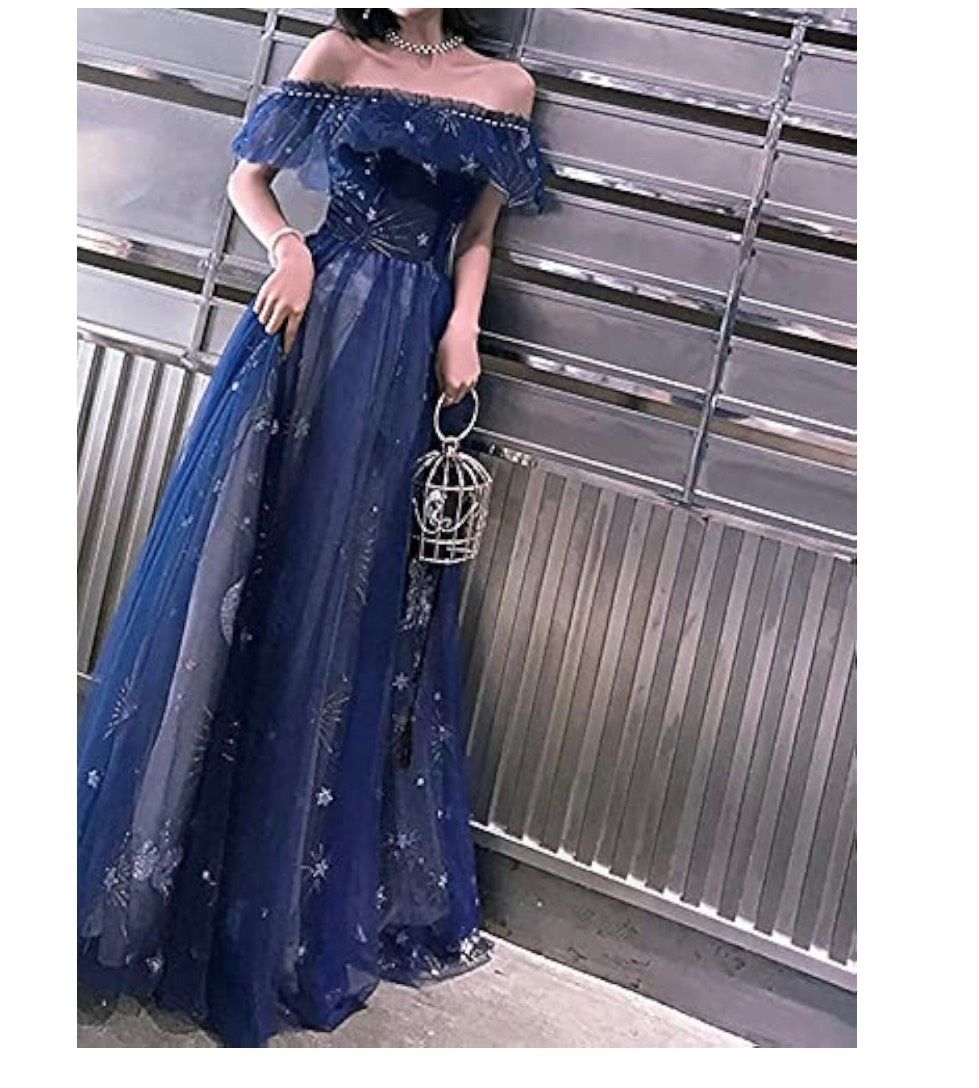 Size 10 Prom Off The Shoulder Blue Floor Length Maxi on Queenly