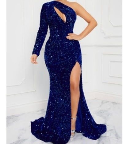 Style 2184p2 Fashion Nova Size 1X Prom Long Sleeve Navy Blue Side Slit Dress on Queenly