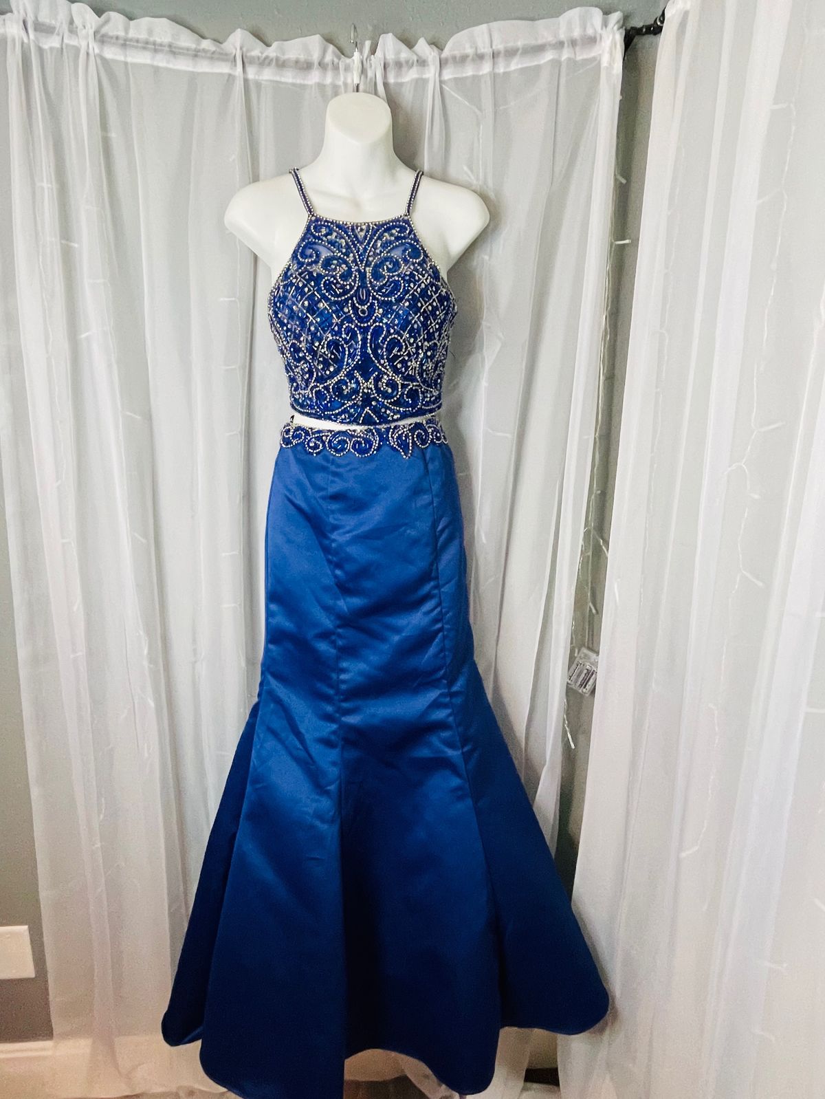 Dave and Johnny Size 0 Prom Halter Blue Mermaid Dress on Queenly