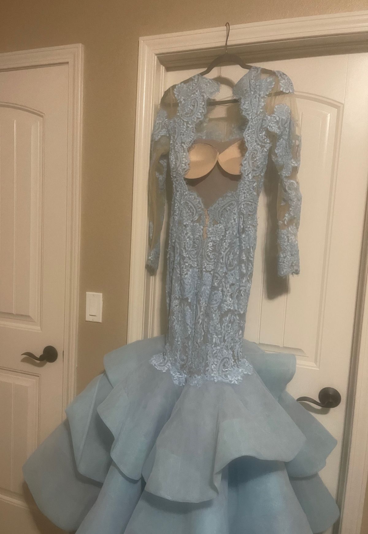 Style 52044 Sherri Hill Size 4 Prom Long Sleeve Blue Mermaid Dress on Queenly