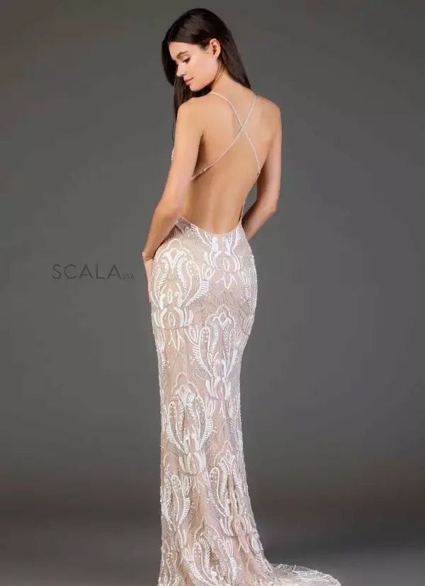 Style 48710 Scala Size 4 Prom Plunge Nude A-line Dress on Queenly