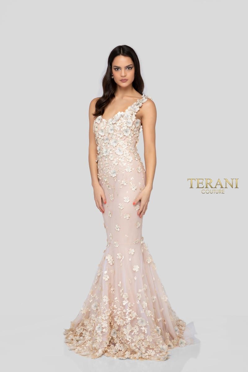 Style 1911P8370 Terani Couture Size 8 Prom One Shoulder Floral Nude Mermaid Dress on Queenly