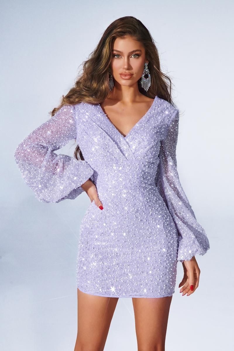 Style PS23003 Portia and Scarlett Plus Size 16 Homecoming Long Sleeve Purple Cocktail Dress on Queenly